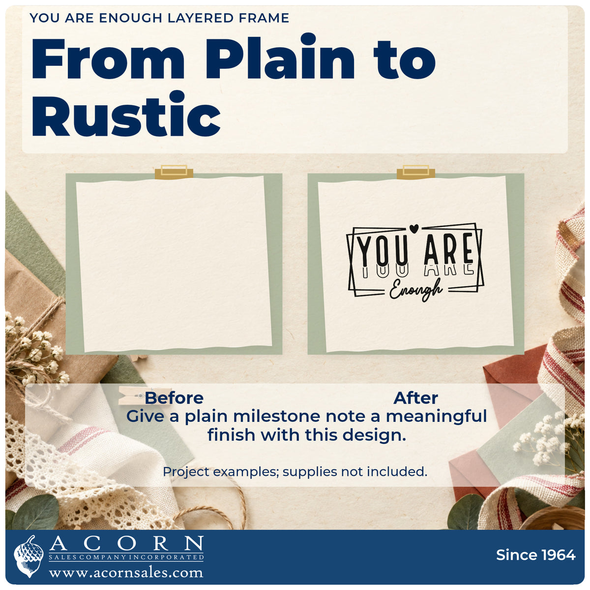 Before and after of a plain item finished with the You Are Enough Layered Framed Lettering Rubber Stamp – Wood Handle, a quick upgrade for framed desk corner.
