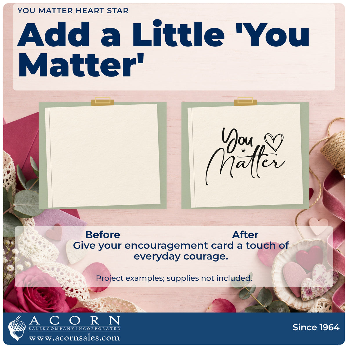 Before and after of a plain item finished with the Slim Pre-Inked You Matter Heart Star Stamp, a quick upgrade for framed program office.