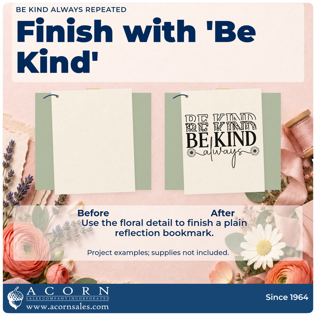Before and after of a plain item finished with the Be Kind Always Repeated Floral Accents Wood-Mounted Rubber Stamp, a quick upgrade for framed home office.