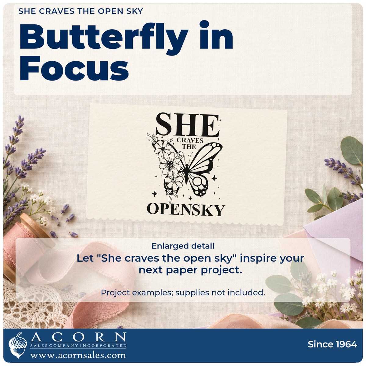 Enlarged detail of the She Craves The Open Sky Butterfly Pre-Inked Stamp – Slim imprint. The words "She craves the open sky" surround a butterfly with a floral wing and small sparkles.
