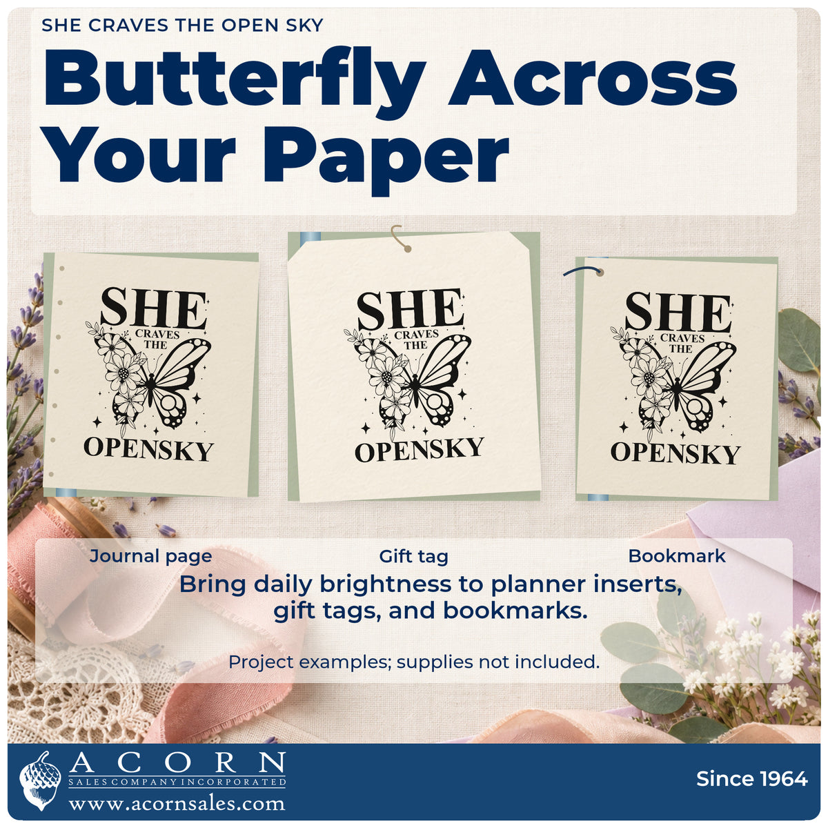 Three project examples made with the She Craves The Open Sky Butterfly Stamp – Self-Inking, including flight hour sheet.
