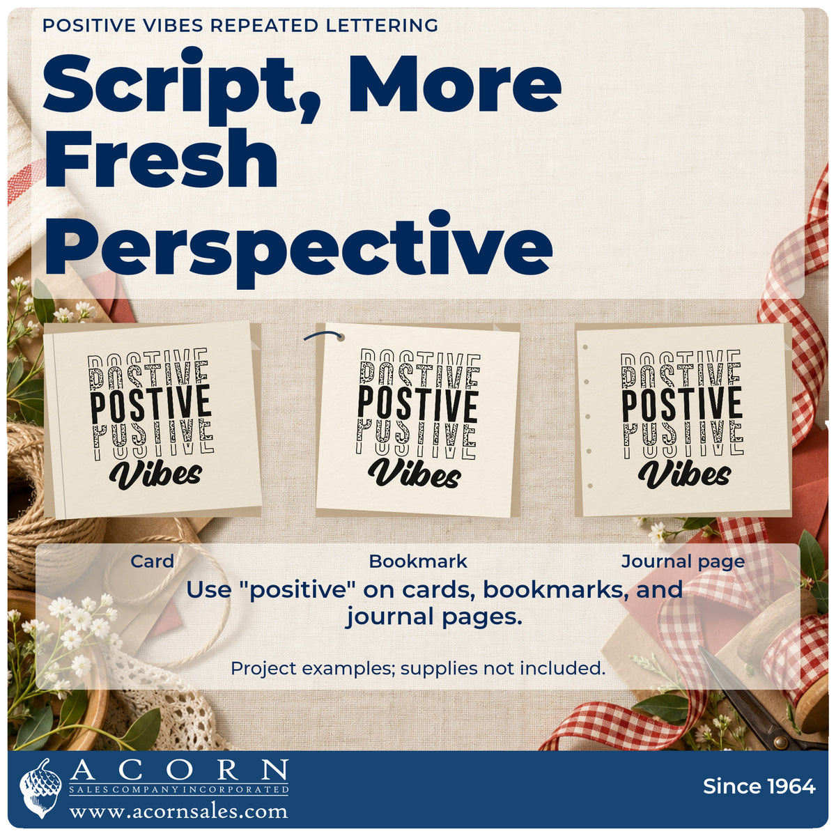 Three project examples made with the Duo Hand Positive Vibes Repeated Lettering Rubber Stamp, including room plan sheet.