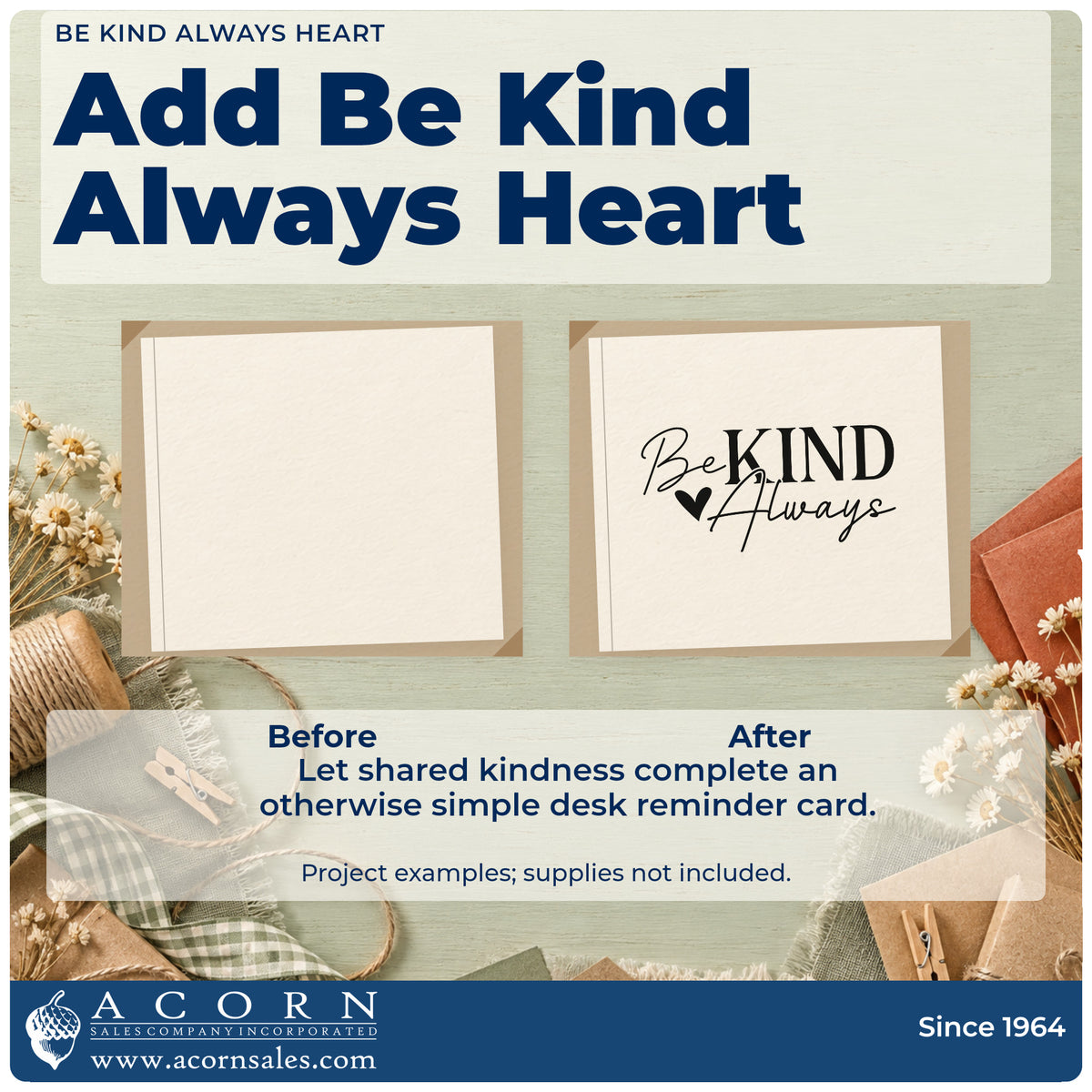 Before and after of a plain item finished with the Be Kind Always Heart Stamp – Wood Handle, a quick upgrade for framed kitchen board.