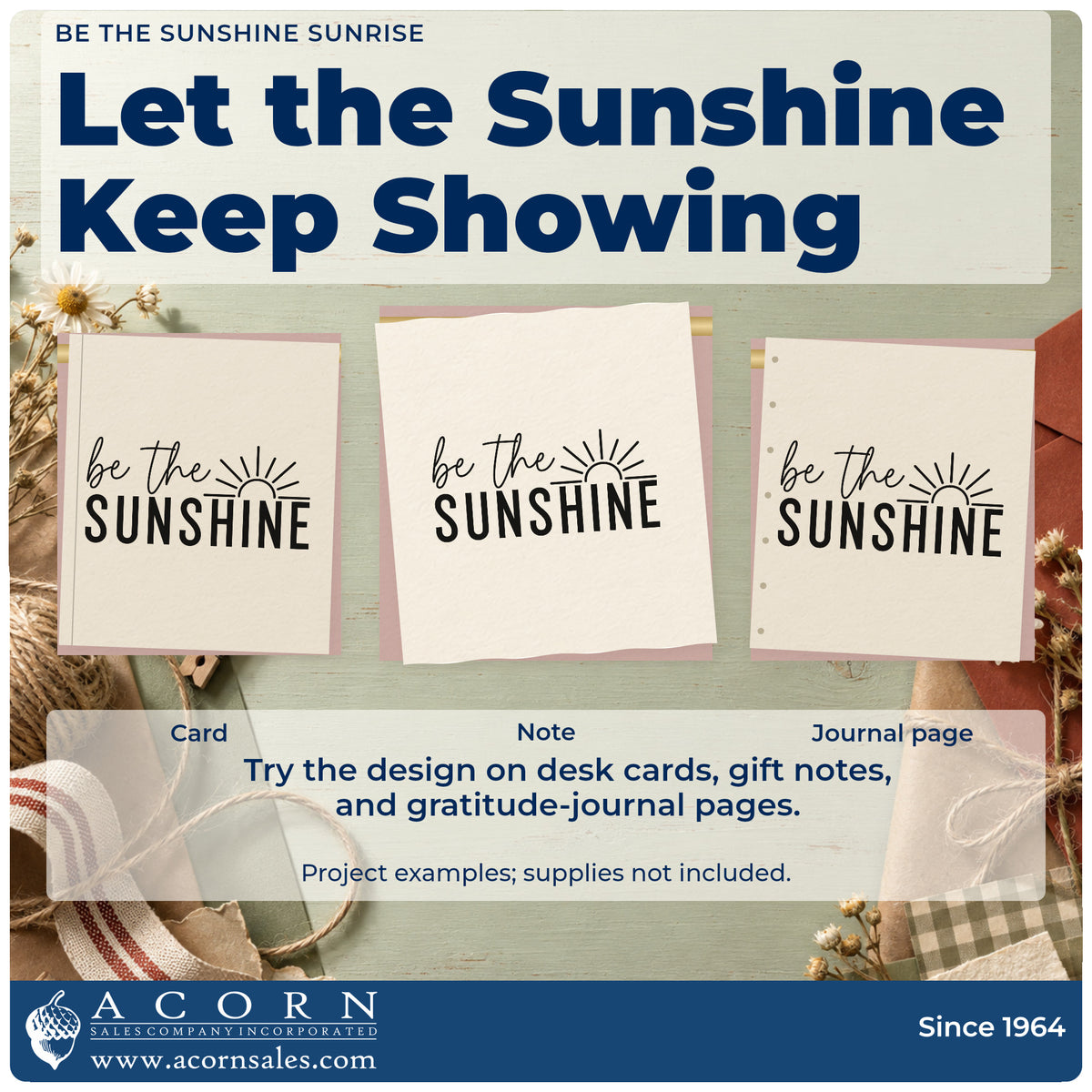 Three project examples made with the Premium Wooden Sunshine Lettering With Radiant Sunrise Stamp – Vintage Pro, including haul weight sheet.