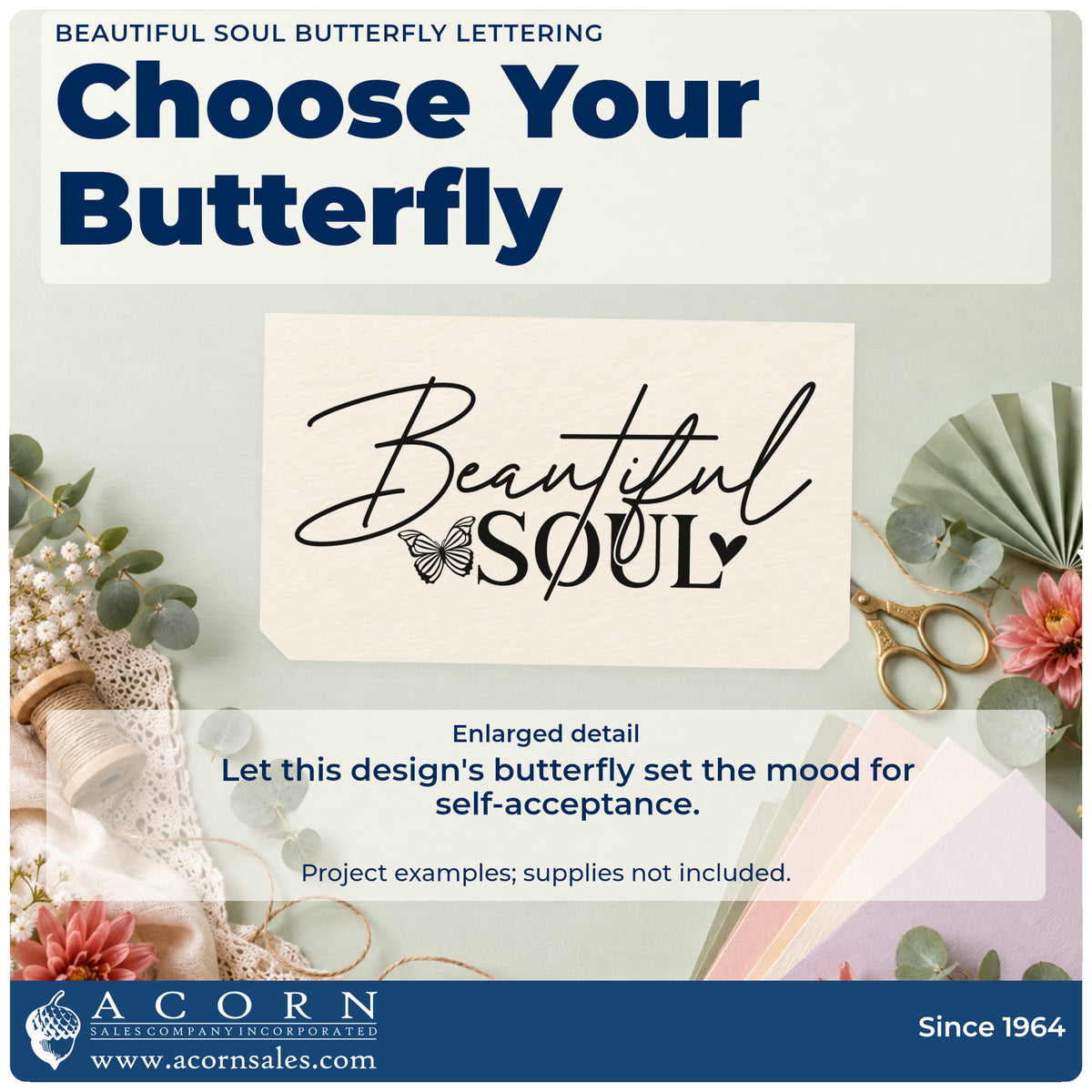 Enlarged detail of the Beautiful Soul Butterfly Lettering Pre-Inked Stamp – PSI imprint. Beautiful SOUL pairs flowing script with a small butterfly.