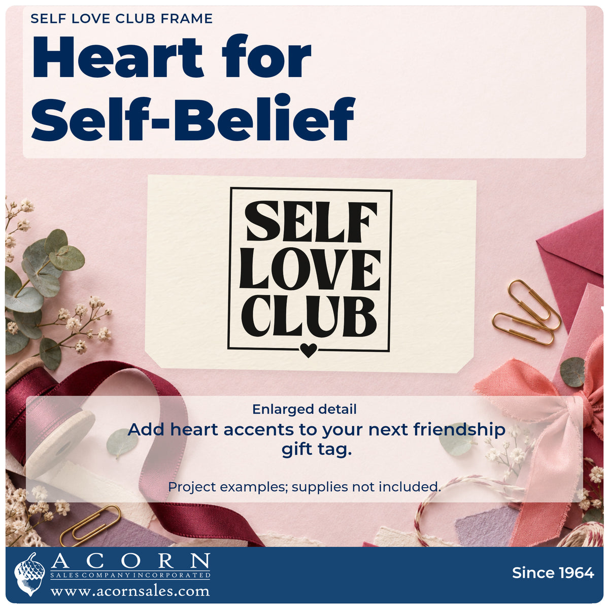 Enlarged detail of the Self Love Club Frame Rubber Stamp – Wood Handle imprint. SELF LOVE CLUB fills a rectangular border with a heart at the bottom.