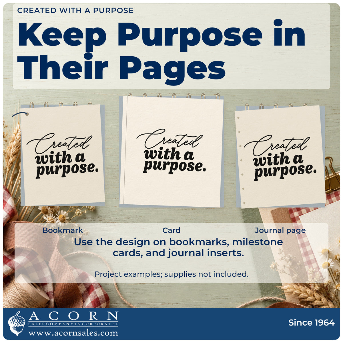 Three project examples made with the Created With A Purpose Script Lettering Stamp – Slim Pre-Inked, including build stage sheet.