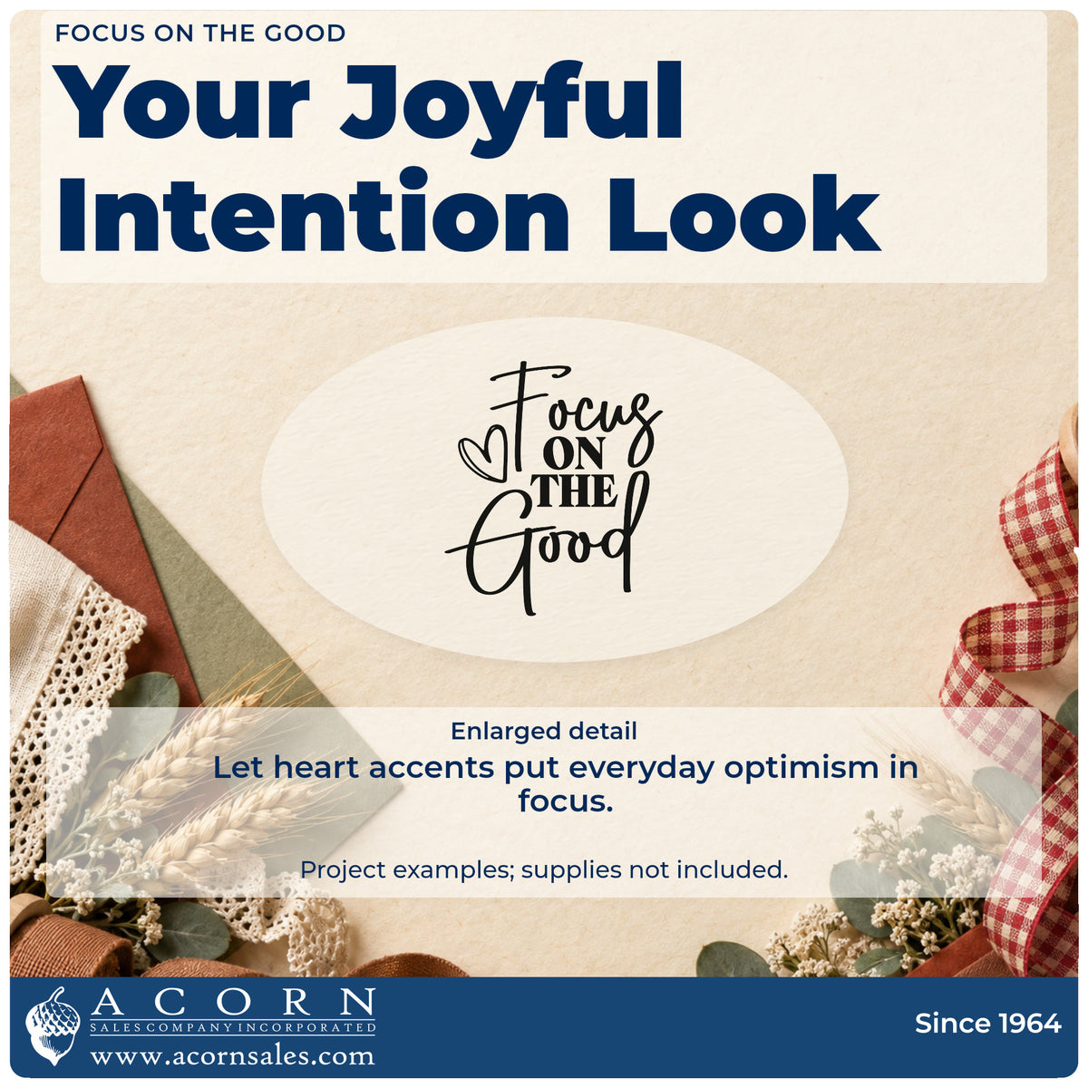 Enlarged detail of the Focus On The Good With Hearts Self-Inking Stamp imprint. Focus ON THE Good appears in mixed lettering with an outlined heart.