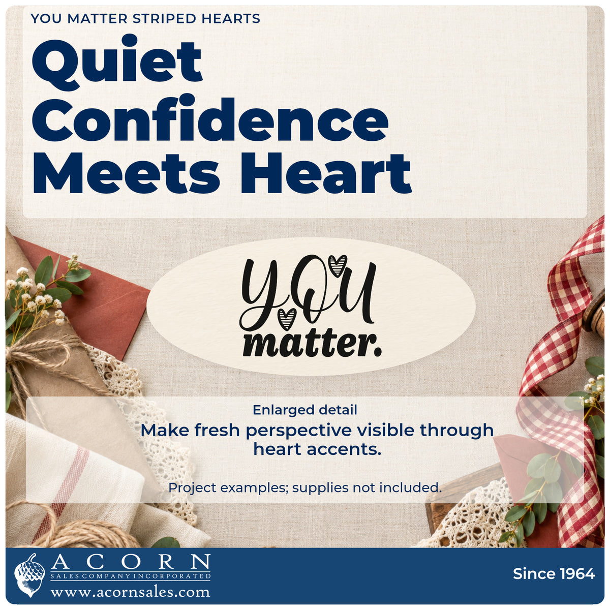 Enlarged detail of the You Matter Striped Hearts Lettering Craft Stamp – Self-Inking imprint. YOU matter appears with two striped hearts tucked into the lettering.