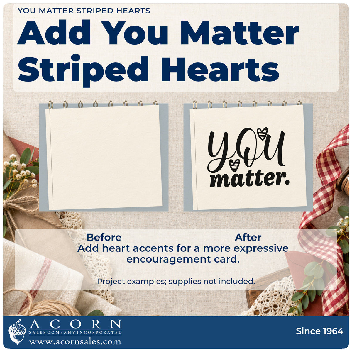 Before and after of a plain item finished with the You Matter Striped Hearts Lettering Rubber Stamp – Wood Handle, a quick upgrade for framed youth room.