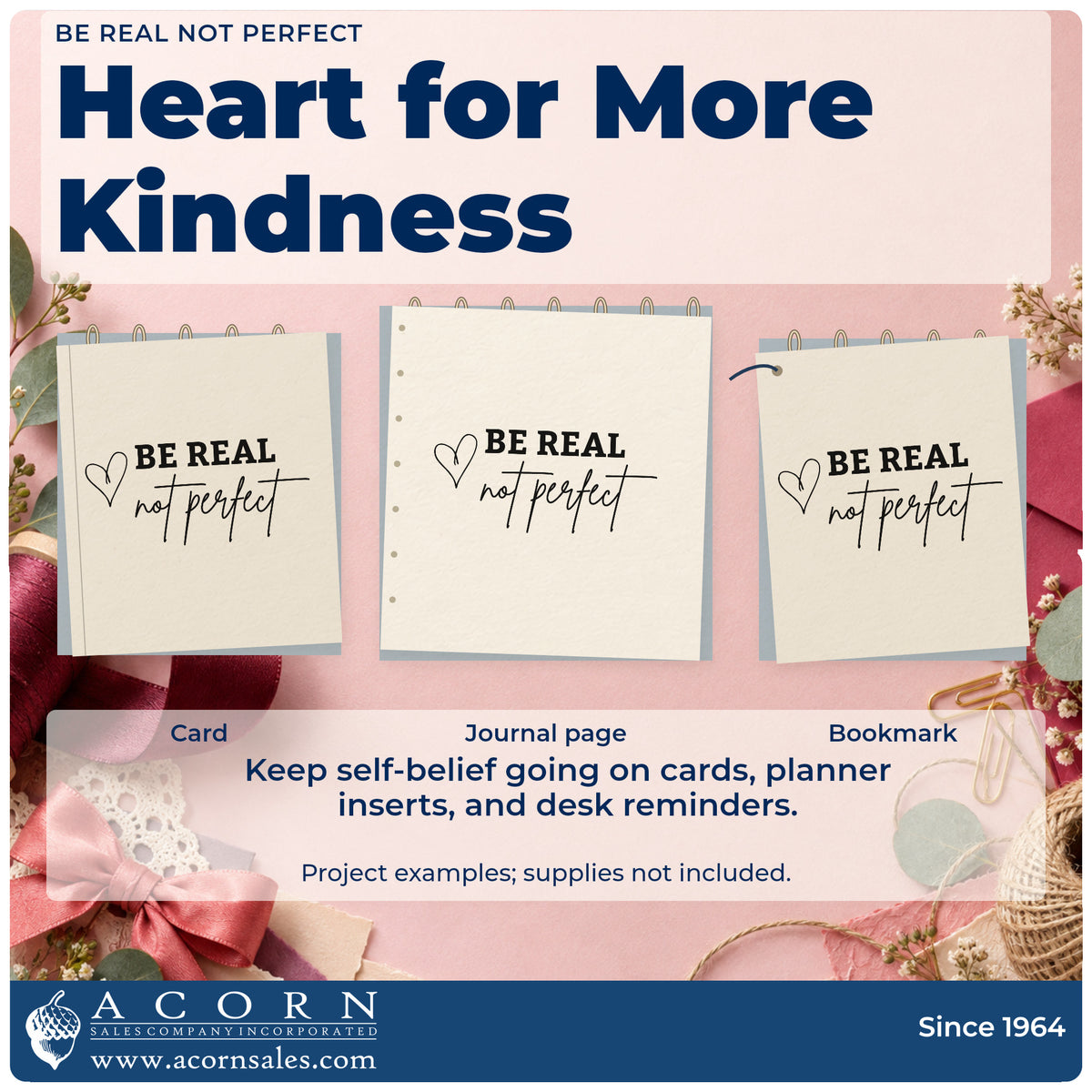 Three project examples made with the Be Real Not Perfect With Hearts Premium Wooden Stamp – Vintage Pro, including mailing list sheet.