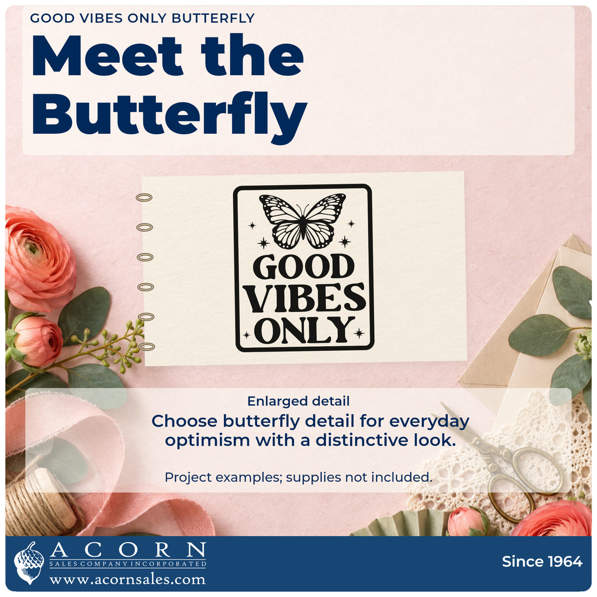 Enlarged detail of the Good Vibes Only Butterfly With Stars Duo Hand Stamp imprint. GOOD VIBES ONLY fills a rounded rectangular frame beneath a butterfly and small stars.