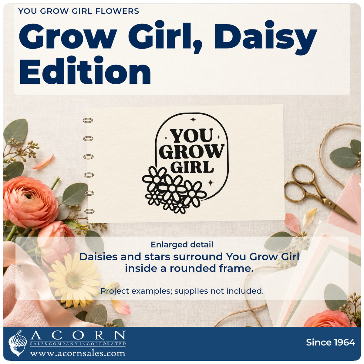 Enlarged detail of the Vintage Pro You Grow Girl Daisy Frame Premium Wooden Stamp imprint. YOU GROW GIRL appears inside a rounded frame decorated with daisies and stars.