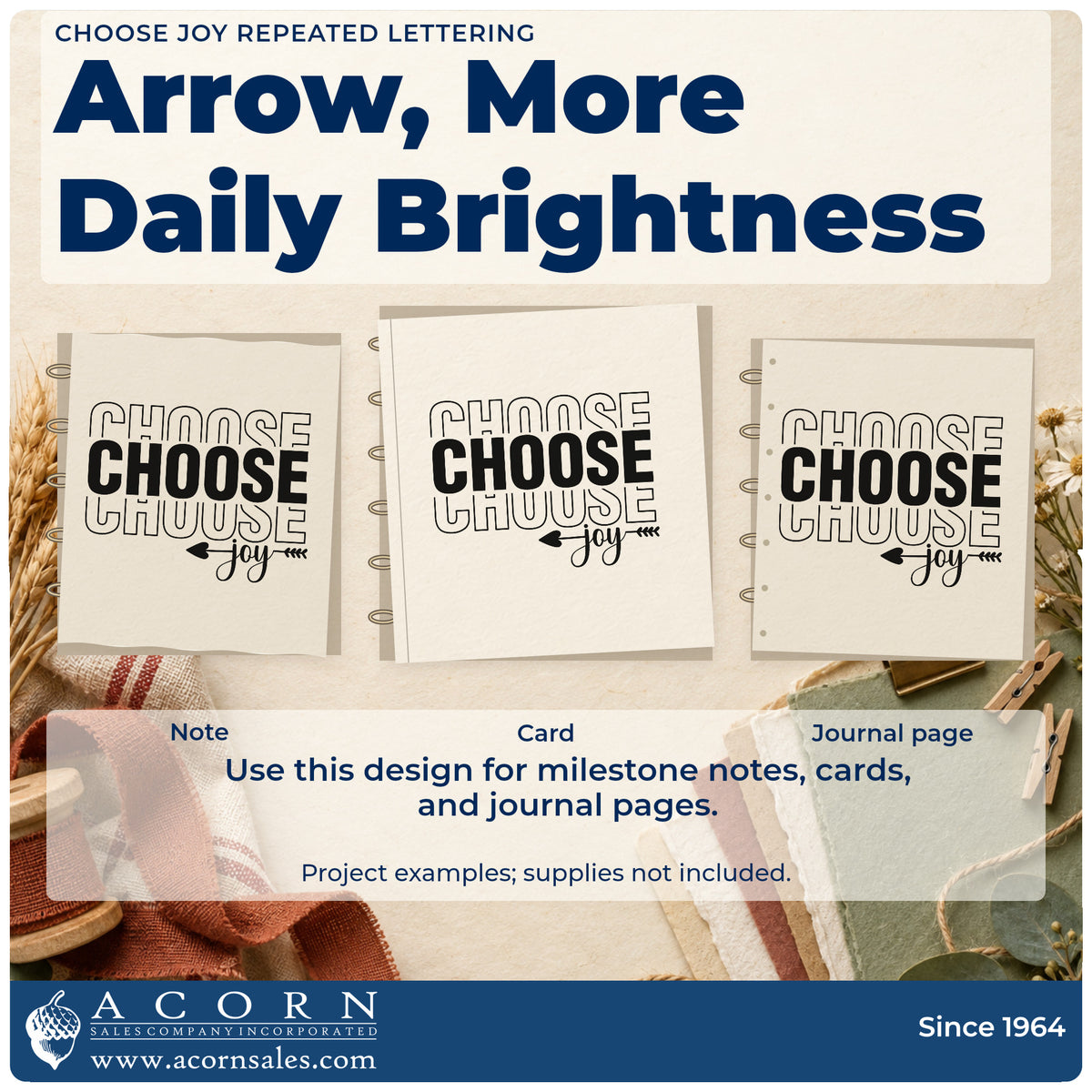 Three project examples made with the Choose Joy Repeated Lettering Pre-Inked Stamp – PSI, including day plan sheet.