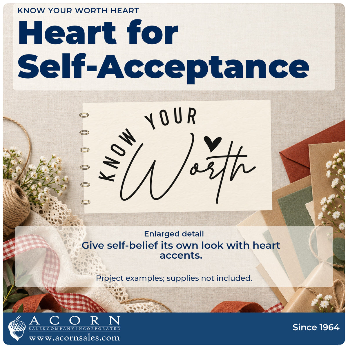 Enlarged detail of the Know Your Worth Heart Script Lettering Pre-Inked Stamp – Slim imprint. KNOW YOUR curves around the script word Worth with a solid heart.