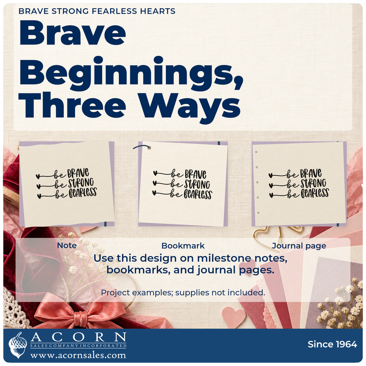 Three project examples made with the Brave Strong Fearless Hearts Self-Inking Stamp, including bout result sheet.