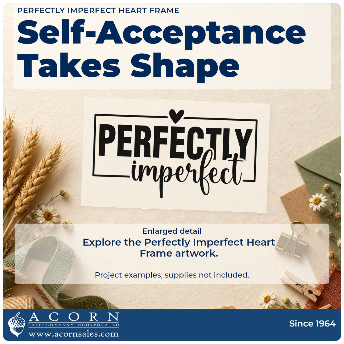 Enlarged detail of the Perfectly Imperfect Heart Frame Rubber Stamp – Duo Hand imprint. PERFECTLY imperfect appears within a rectangular outline topped by a heart.
