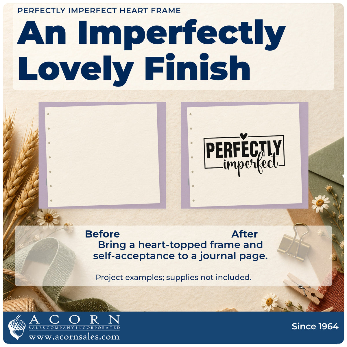 Before and after of a plain item finished with the Perfectly Imperfect Heart Frame Slim Pre-Inked Stamp, a quick upgrade for framed paint table.