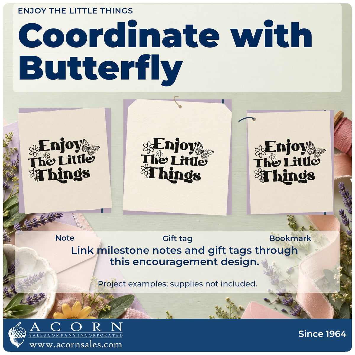 Three project examples made with the Enjoy The Little Things Butterfly Motif Stamp – Premium Vintage Pro Wooden, including booking day sheet.
