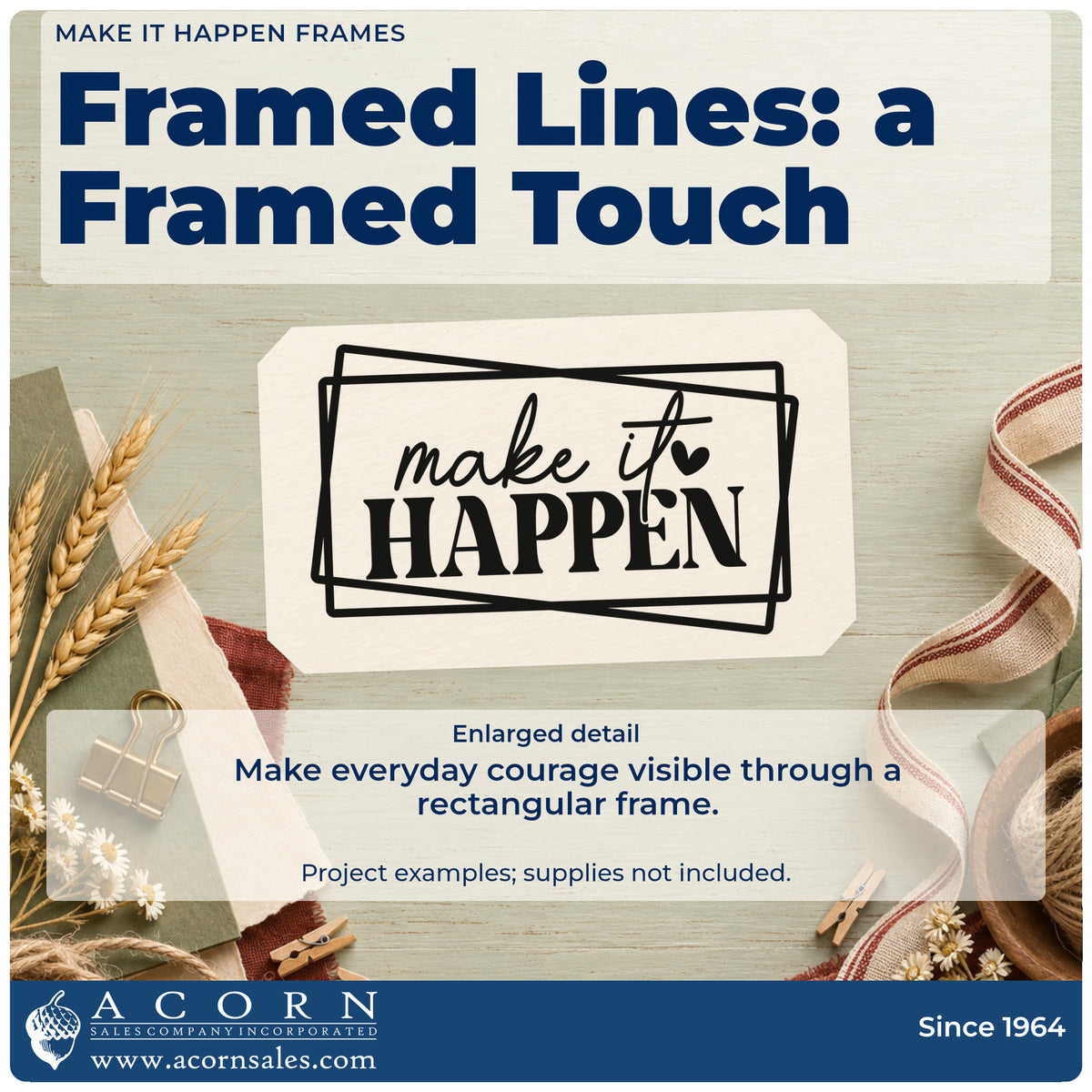 Enlarged detail of the Make It Happen Frames Rubber Stamp – Wood Handle imprint. make it HAPPEN sits inside two overlapping tilted rectangular frames.