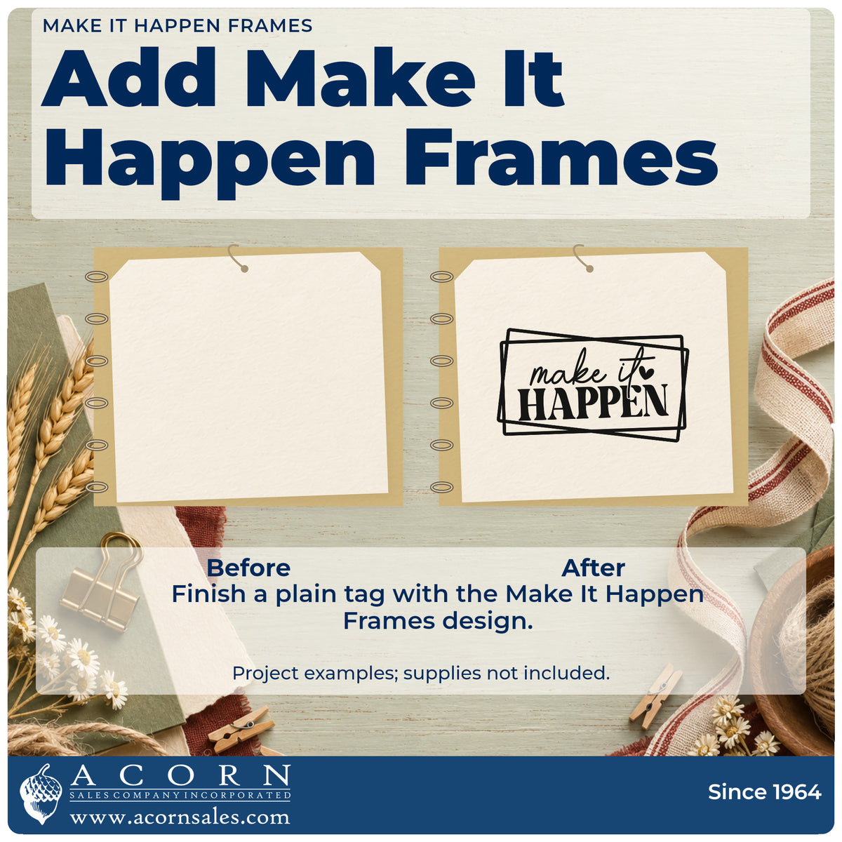 Before and after of a plain item finished with the Make It Happen Frames Duo Hand Stamp, a quick upgrade for framed race office.