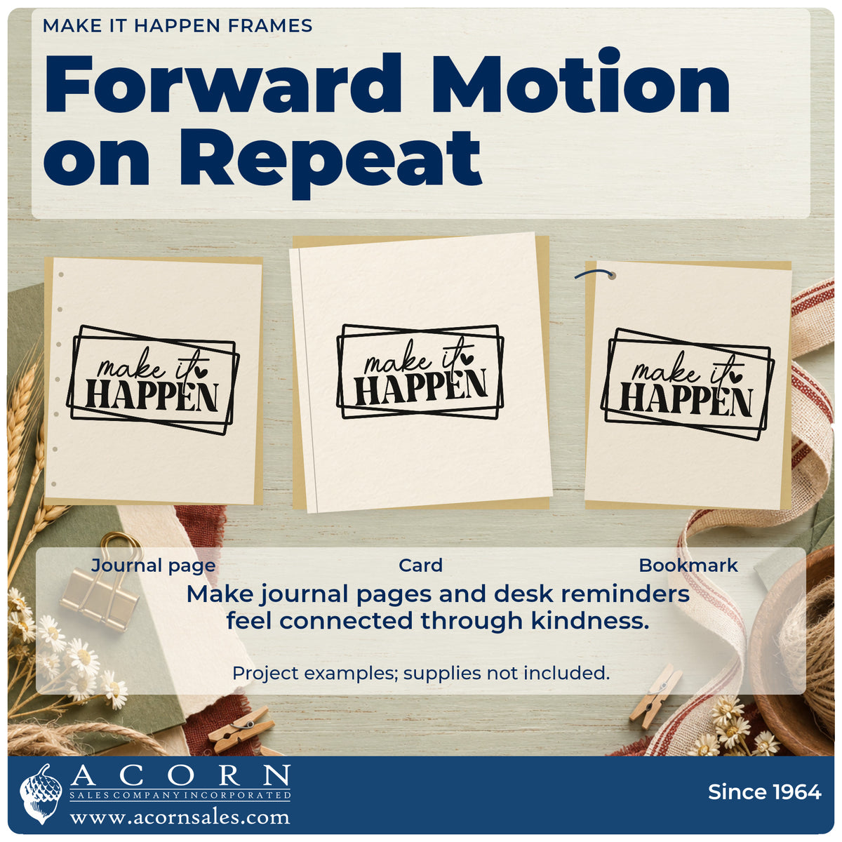 Three project examples made with the PSI Pre-Inked Make It Happen Frames Stamp, including course task sheet.