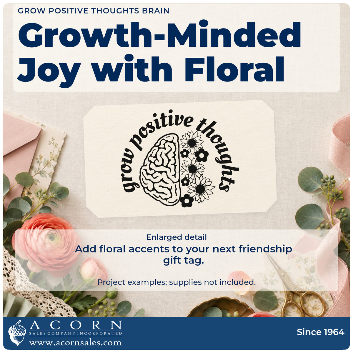 Enlarged detail of the Grow Positive Thoughts Brain Floral Accents Stamp – Premium Vintage Pro Wooden imprint. Grow positive thoughts curves around a half-brain and half-flower illustration.