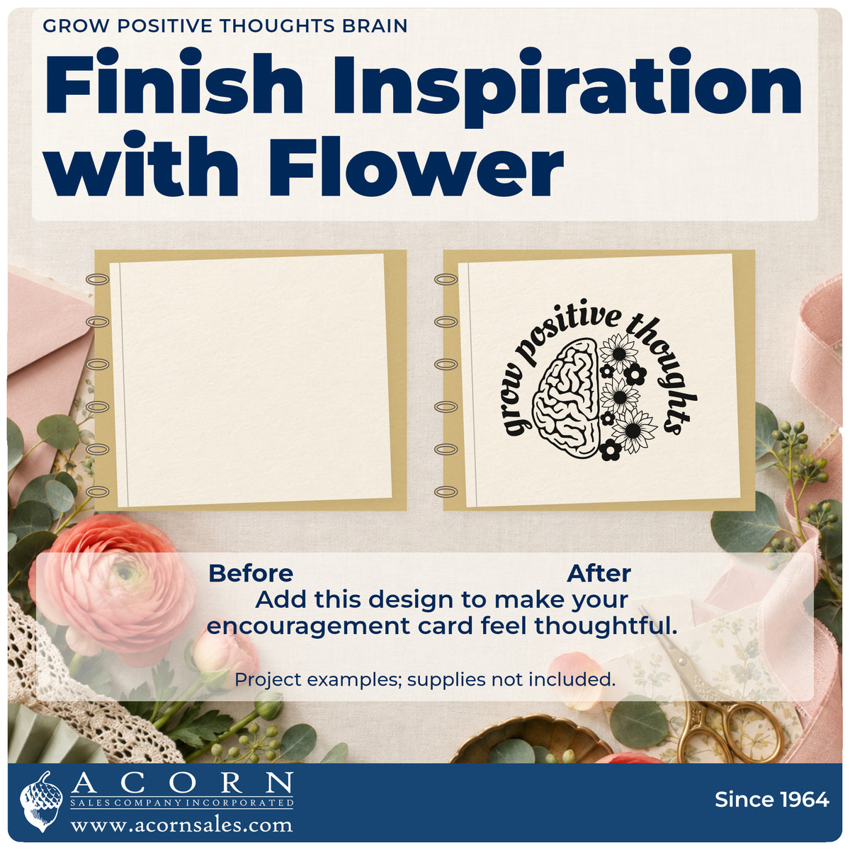 Before and after of a plain item finished with the Grow Positive Thoughts Brain Floral Accents Stamp – Premium Vintage Pro Wooden, a quick upgrade for framed training room.
