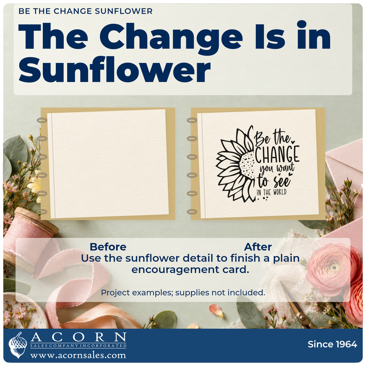 Before and after of a plain item finished with the Wood Handle Be The Change Sunflower Rubber Stamp, a quick upgrade for framed school office.
