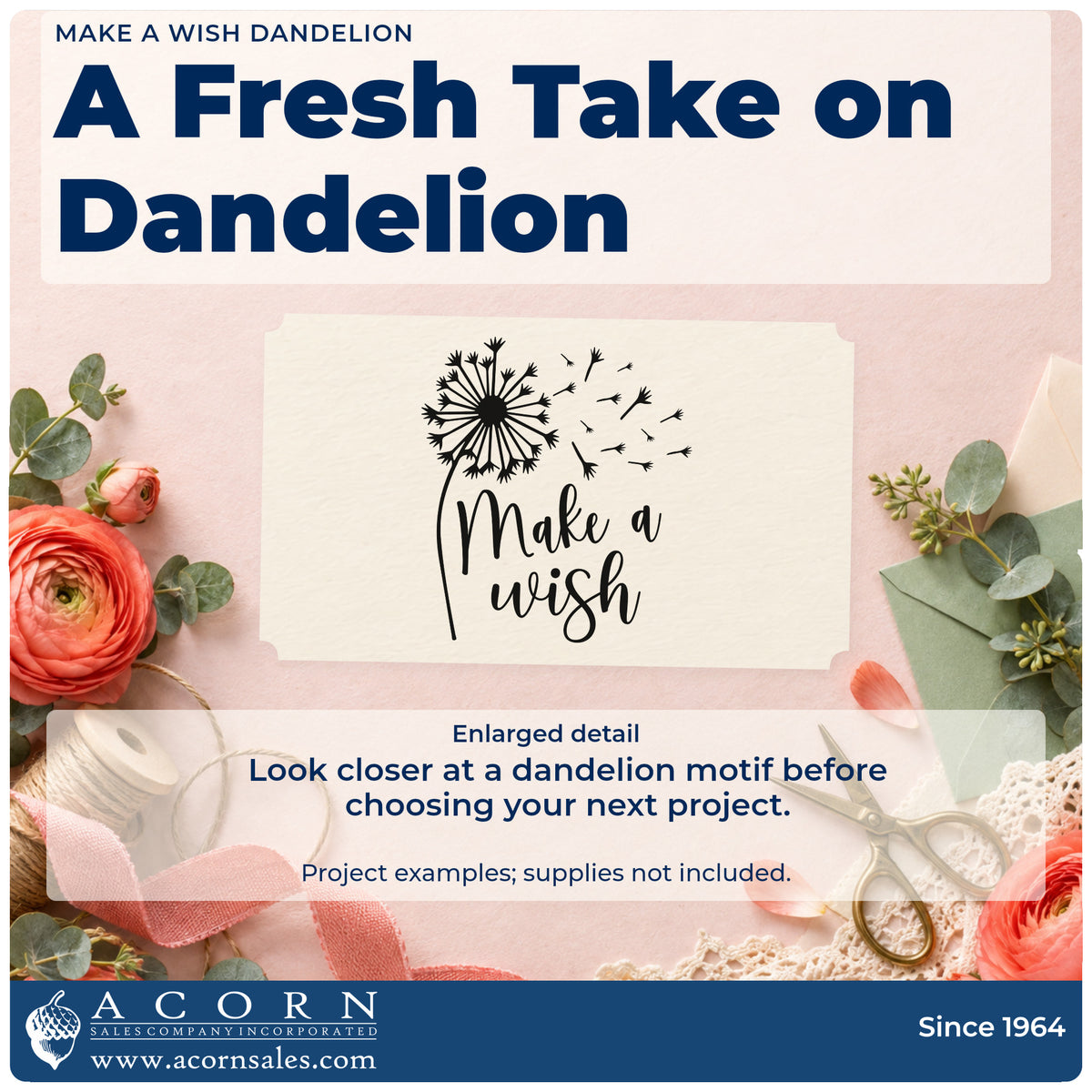 Enlarged detail of the Make A Wish Dandelion Stamp – PSI Pre-Inked imprint. Make a wish appears beside a dandelion with seeds blowing to the right.