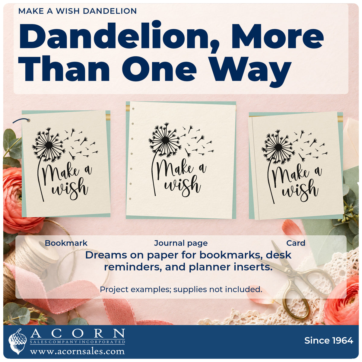 Three project examples made with the Make A Wish Dandelion Wood Handle Stamp, including bucket list sheet.