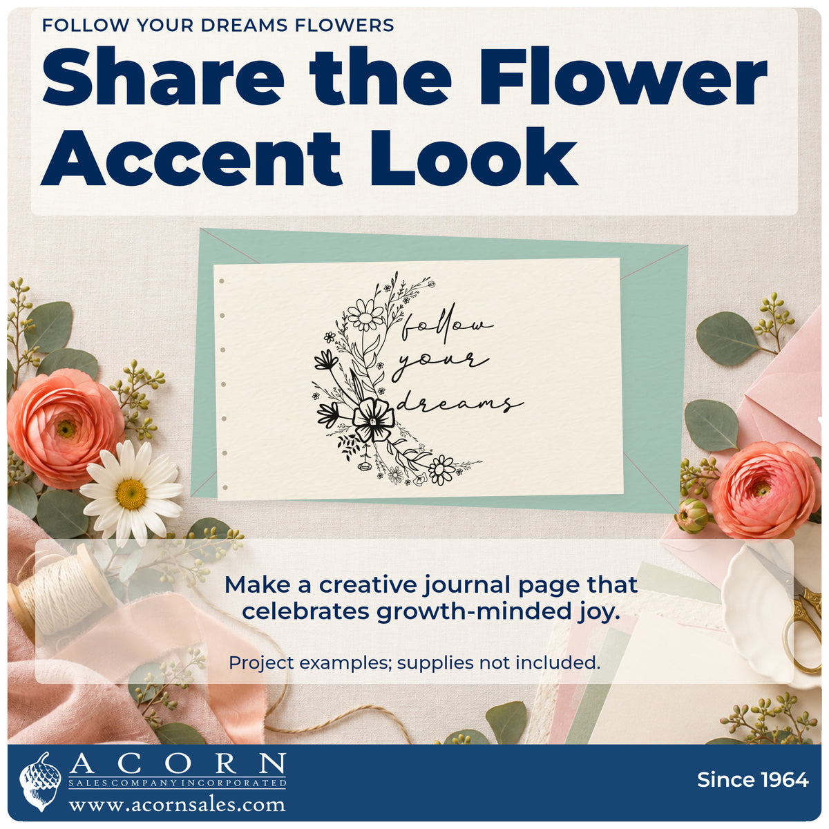A finished handmade project stamped with the Follow Your Dreams Wildflower Lettering Rubber Stamp – Wood Handle, ideal for sketchbook album page.