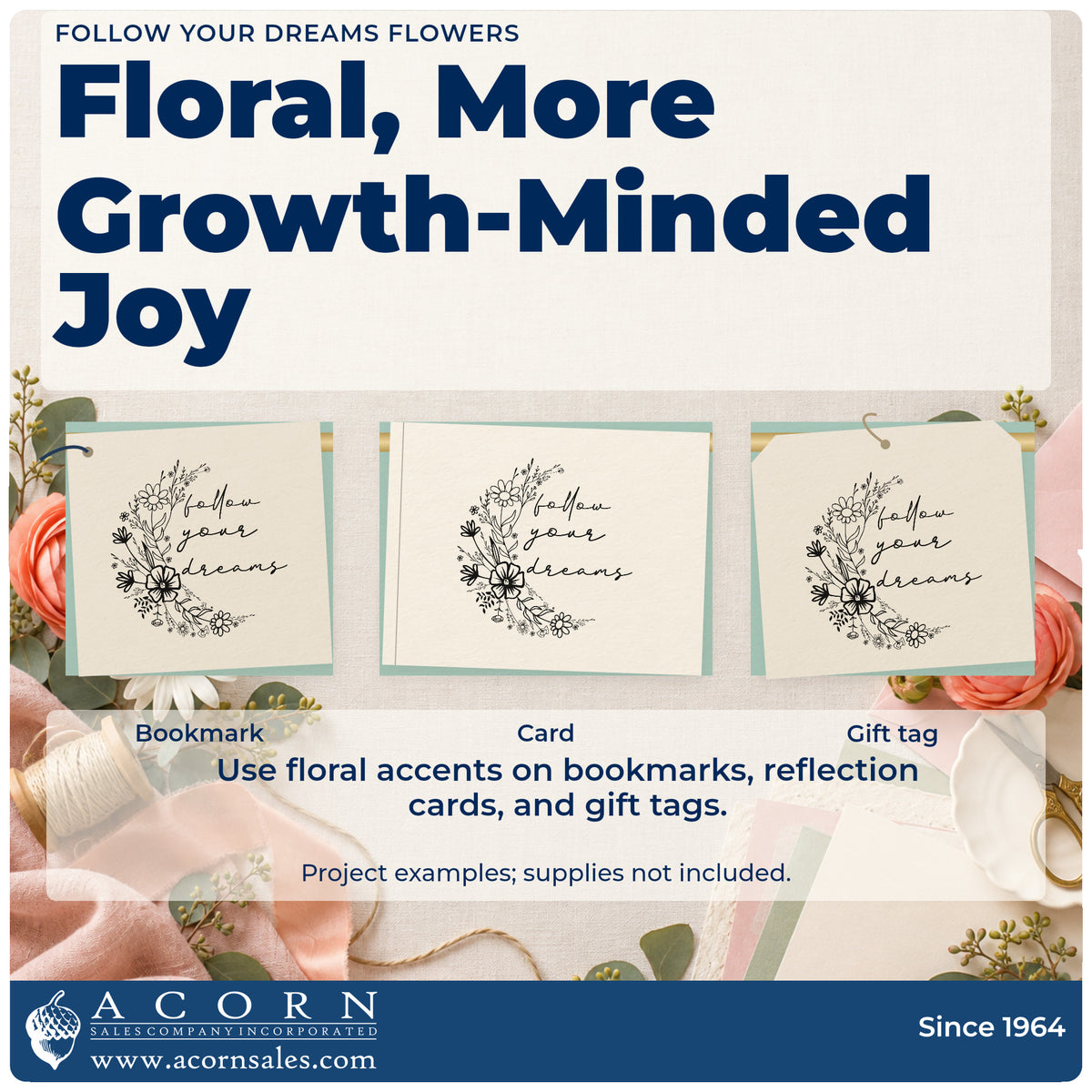 Three project examples made with the Follow Your Dreams Wildflower Lettering Stamp – Premium Vintage Pro Wooden, including study plan sheet.