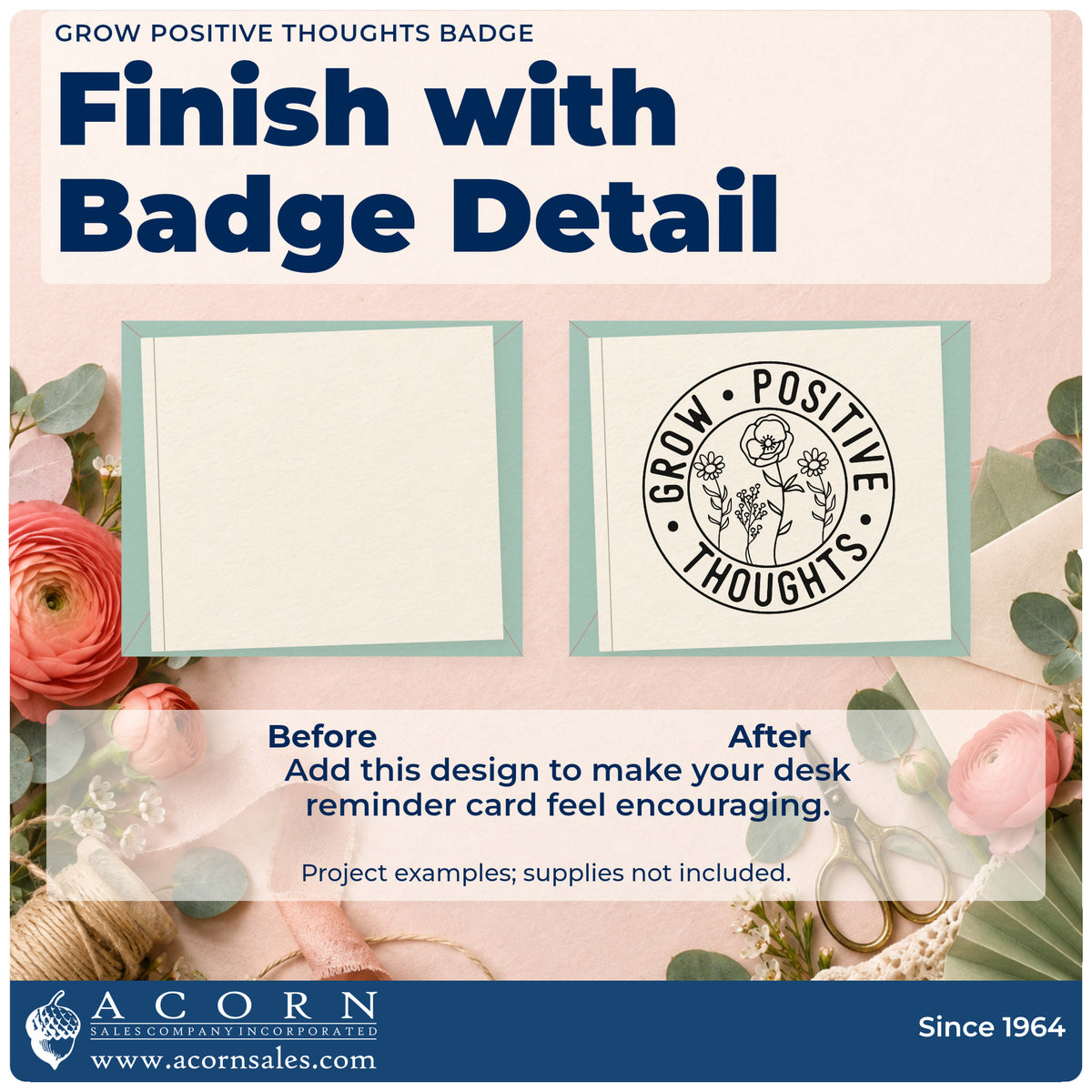 Before and after of a plain item finished with the Grow Positive Thoughts Emblem Rubber Stamp – Wood Handle, a quick upgrade for framed garden gate.