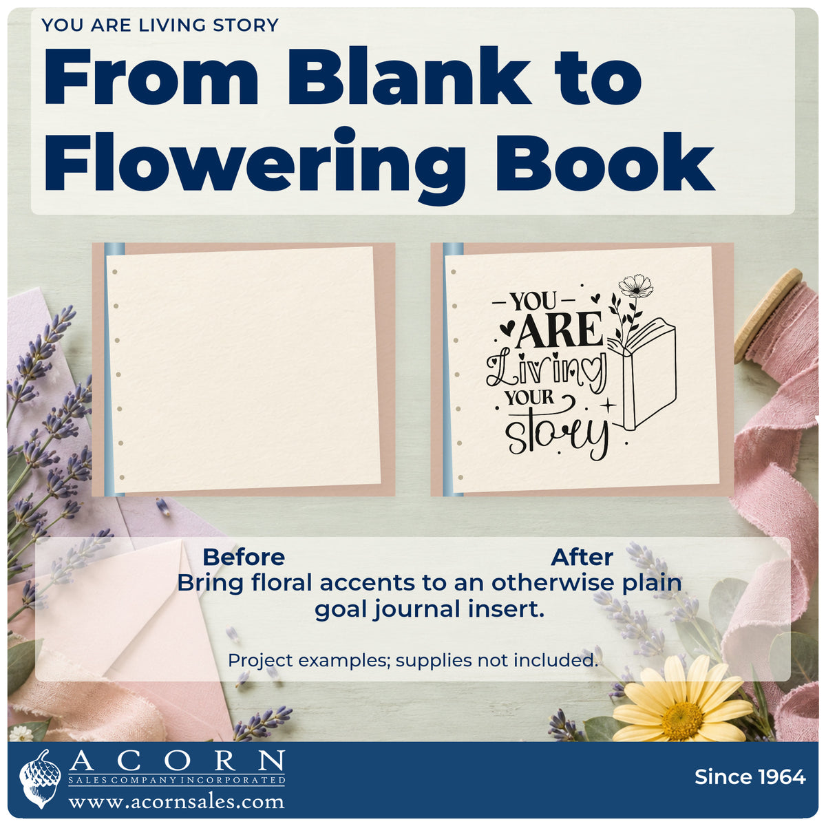 Before and after of a plain item finished with the You Are Living Your Story Self-Inking Stamp, a quick upgrade for framed writing room.