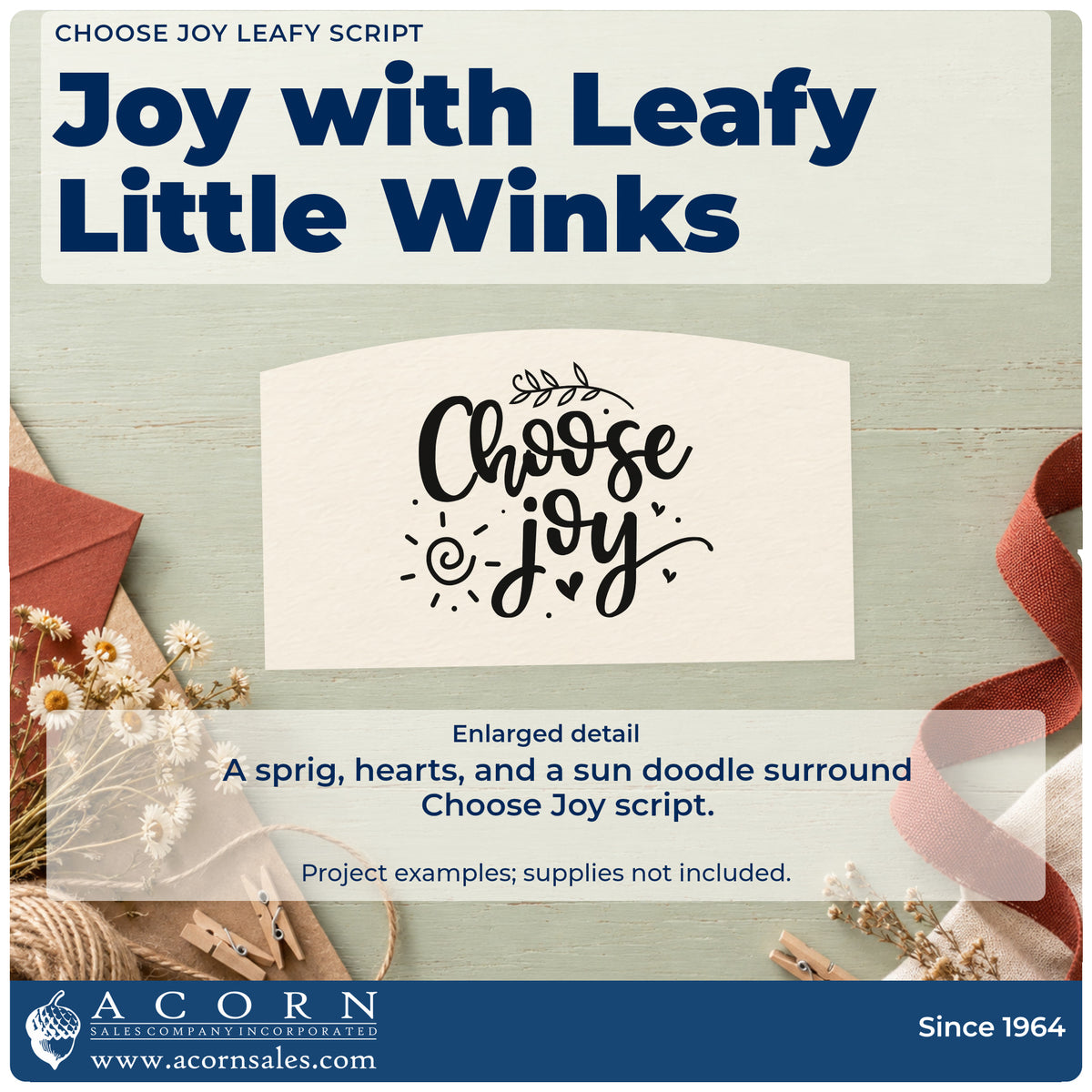 Enlarged detail of the Choose Joy Leafy Script Stamp – PSI Pre-Inked imprint. Choose joy appears in flowing script with a leafy sprig, hearts, and a small sun doodle.