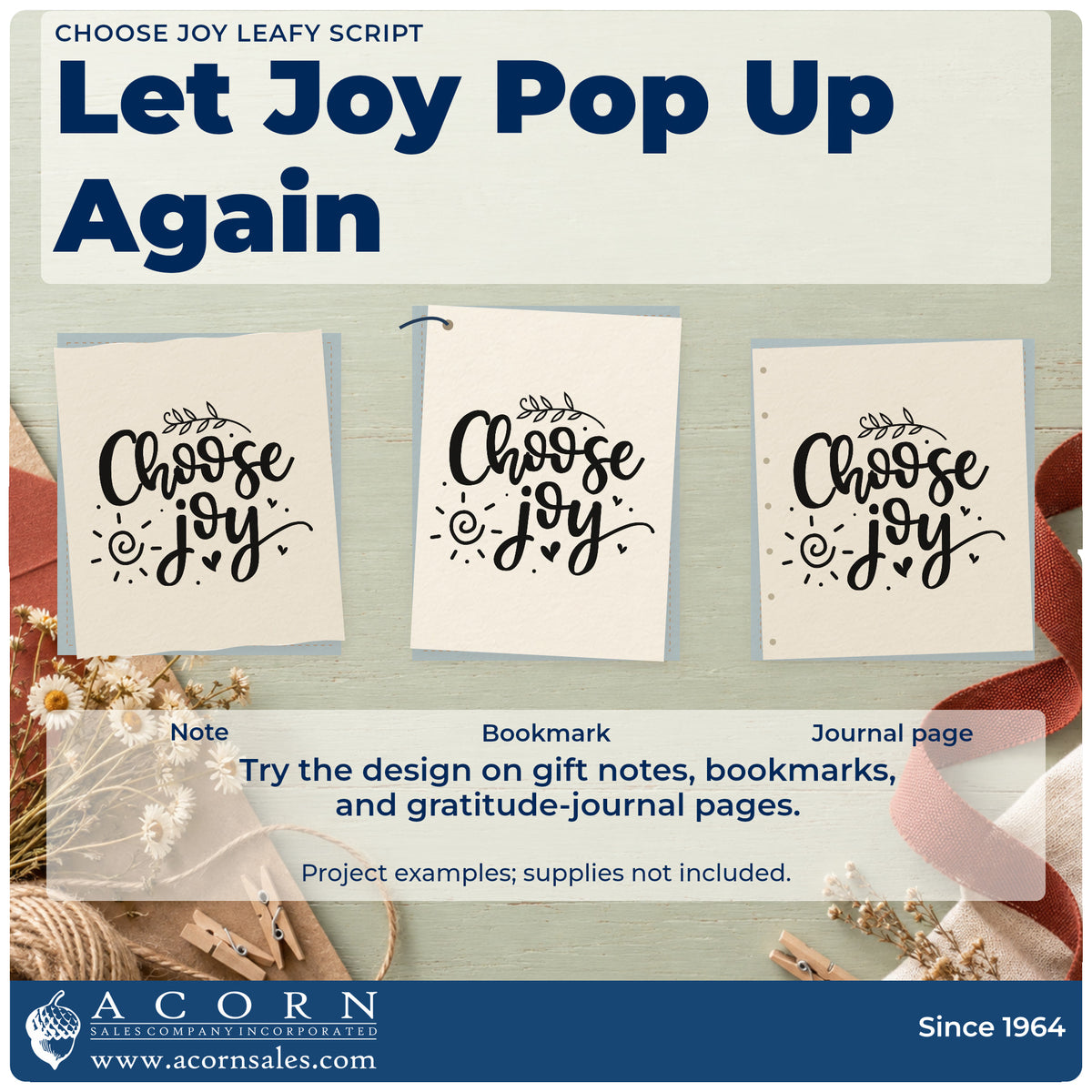 Three project examples made with the Choose Joy Leafy Script Stamp – PSI Pre-Inked, including song week sheet.
