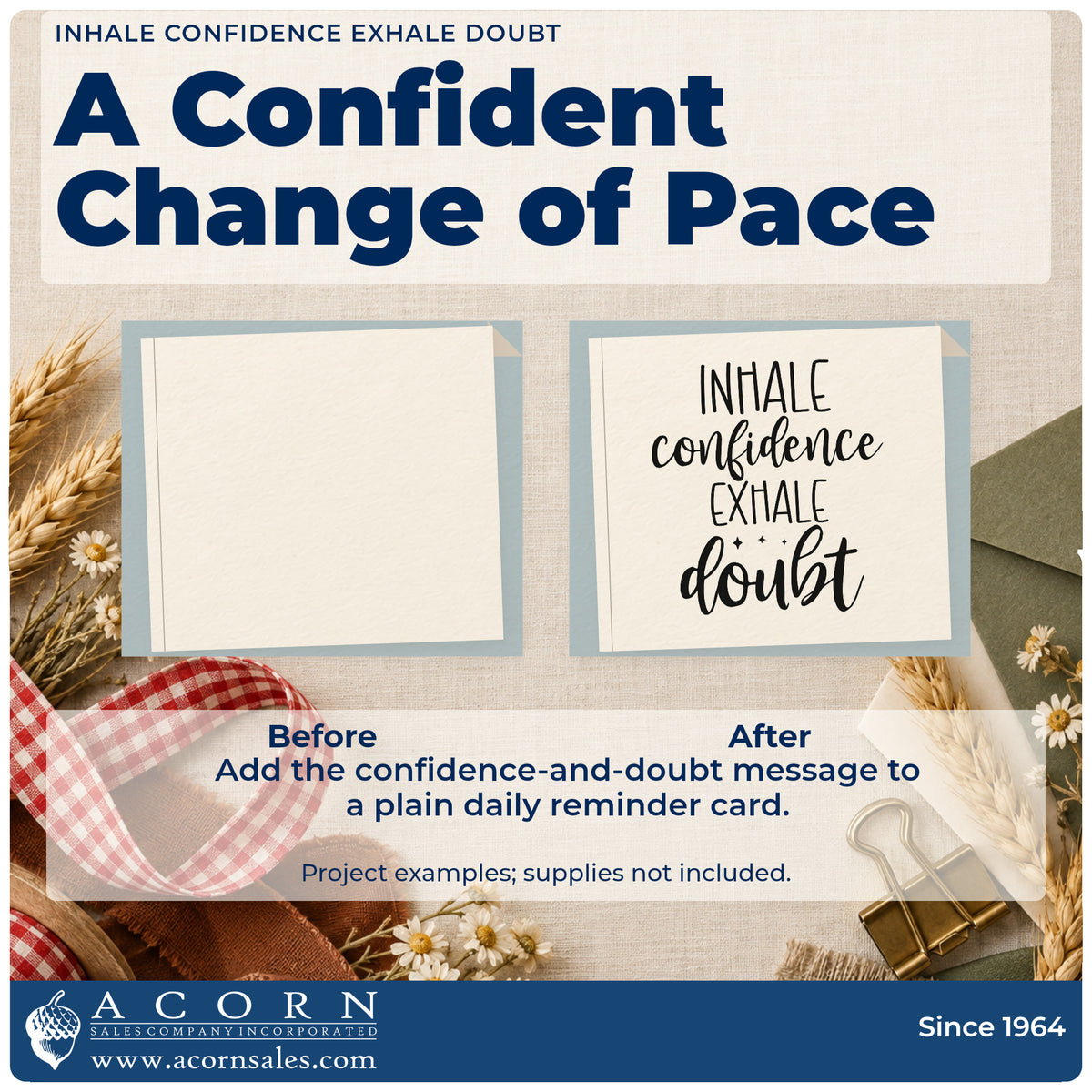 Before and after of a plain item finished with the Inhale Confidence Exhale Doubt Lettering Stamp – Premium Vintage Pro Wooden, a quick upgrade for framed board corner.