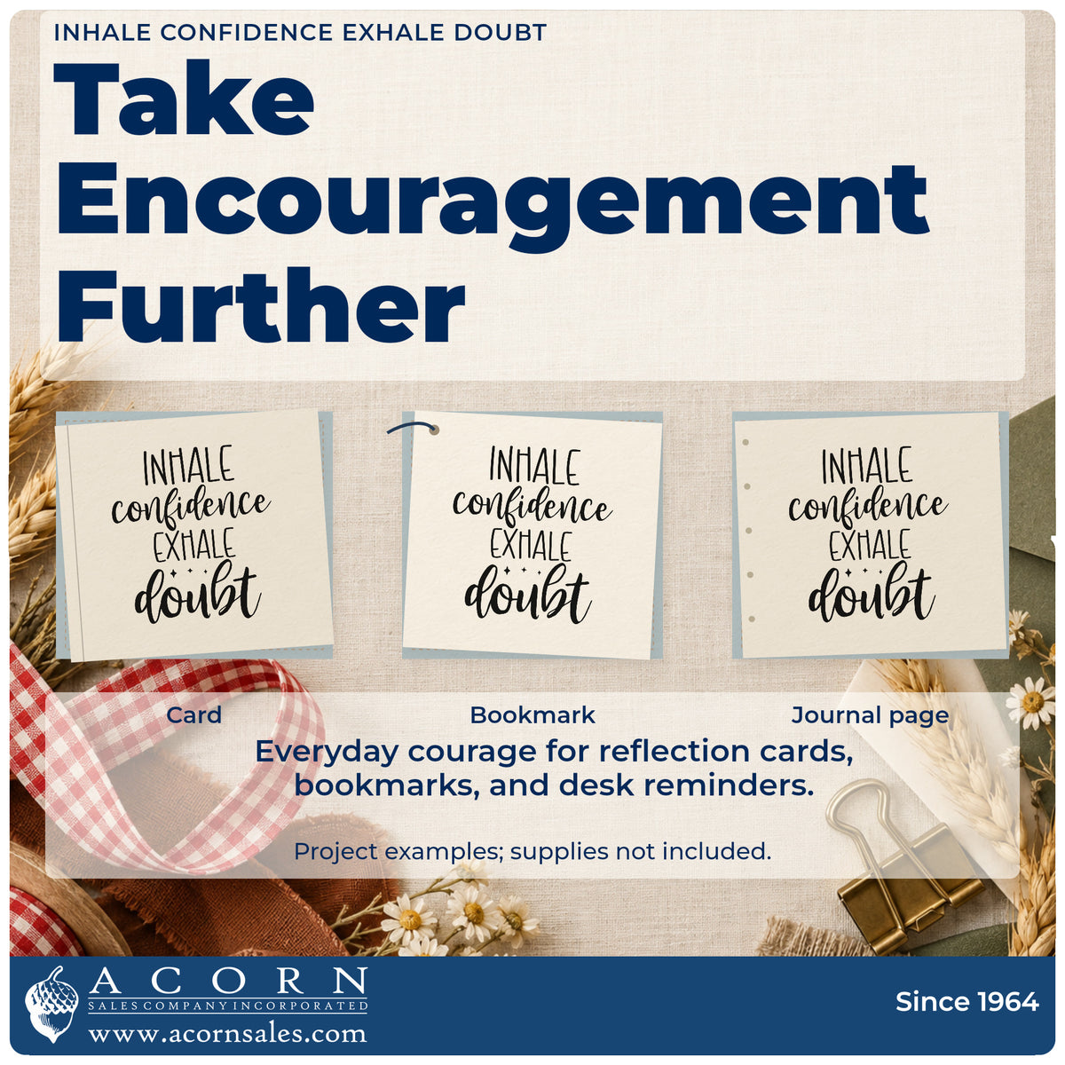 Three project examples made with the Inhale Confidence Exhale Doubt Lettering Rubber Stamp – Wood Handle, including match score sheet.
