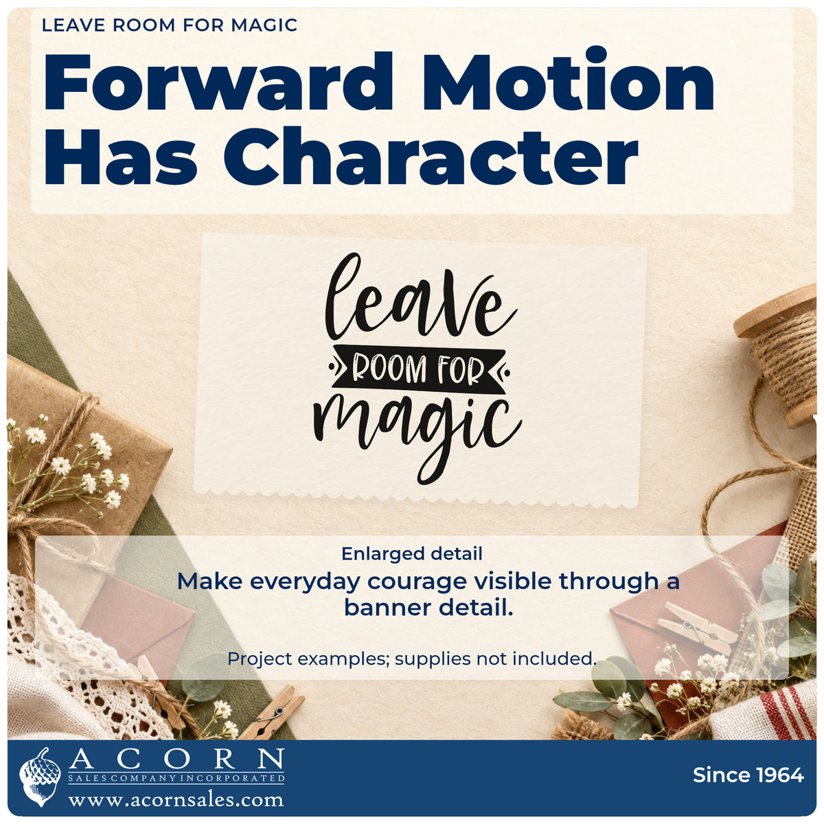 Enlarged detail of the PSI Pre-Inked Leave Room For Magic Ribbon Lettering Stamp imprint. leave ROOM FOR magic combines flowing script with a dark ribbon banner.