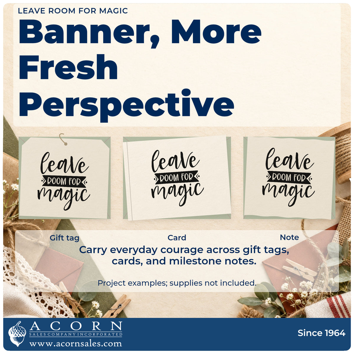 Three project examples made with the PSI Pre-Inked Leave Room For Magic Ribbon Lettering Stamp, including menu plan sheet.