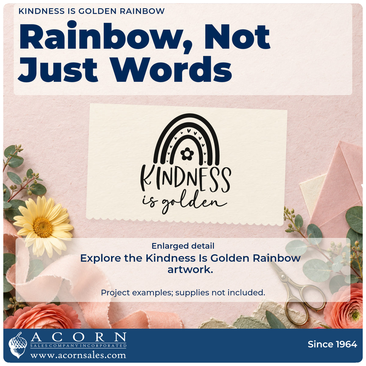 Enlarged detail of the Slim Pre-Inked Kindness Is Golden Rainbow Stamp imprint. A rainbow decorated with hearts and a flower sits above KINDNESS is golden.