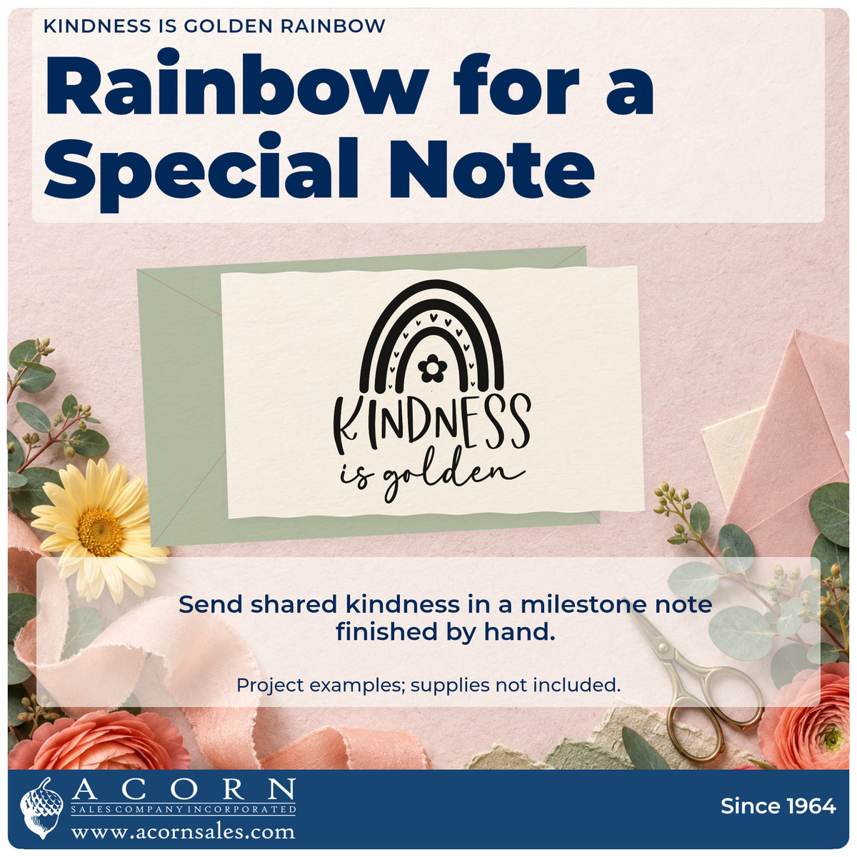 A finished handmade project stamped with the Kindness Is Golden Rainbow Wood Handle Stamp, ideal for first cut album page.
