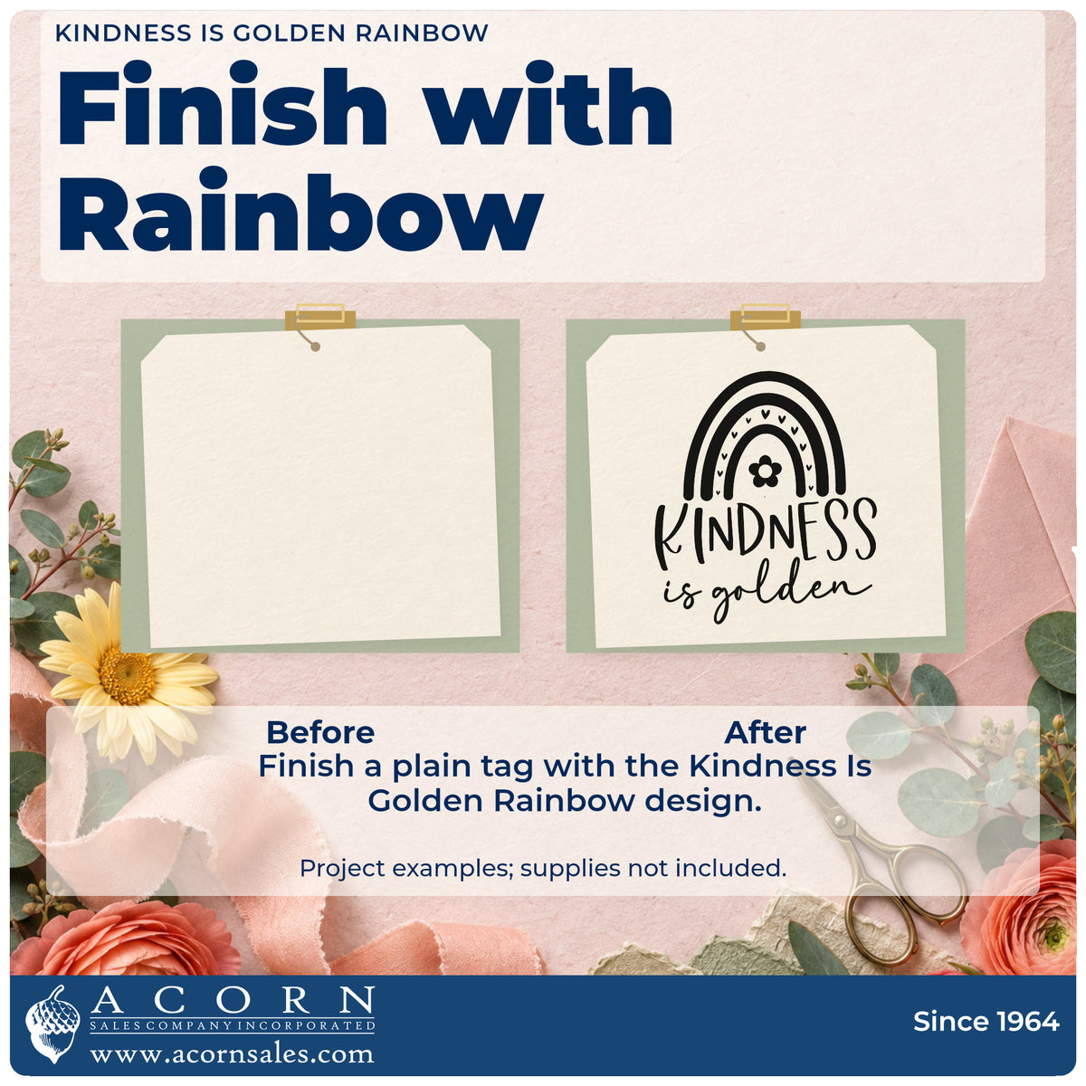 Before and after of a plain item finished with the Kindness Is Golden Rainbow Rubber Stamp – Duo Hand, a quick upgrade for framed waiting bench.