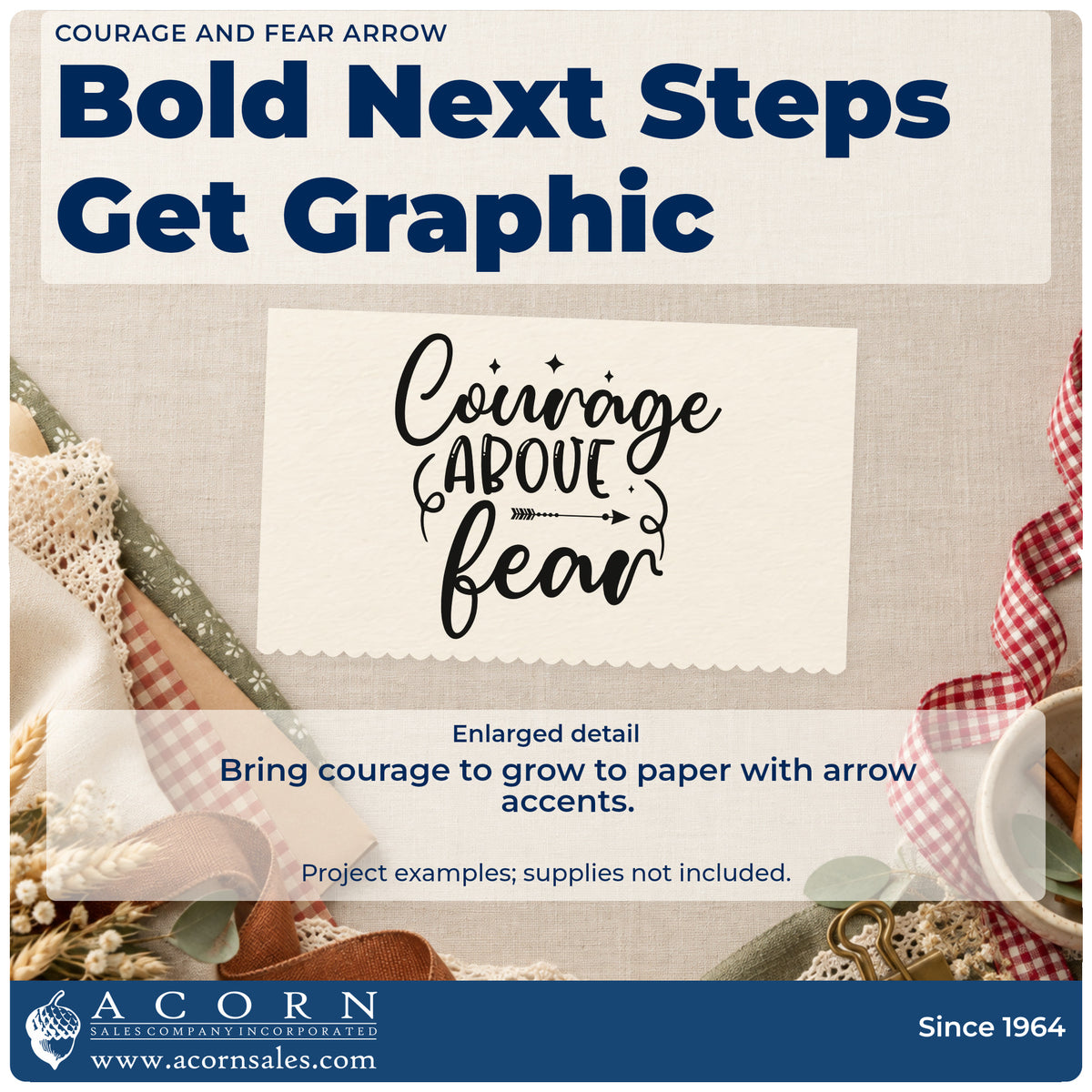 Enlarged detail of the Courage And Fear Arrow Lettering Wood-Mounted Rubber Stamp imprint. Large "Courage" and "fear" script surrounds narrow central lettering and an arrow, with sparkles and curled flourishes.