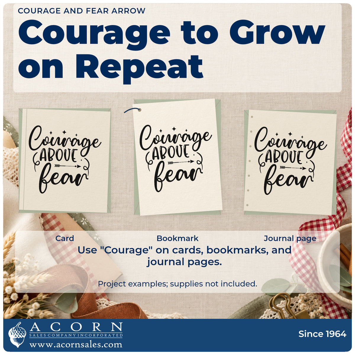 Three project examples made with the Courage And Fear Arrow Lettering Stamp – Premium Vintage Pro Wooden, including morning step sheet.