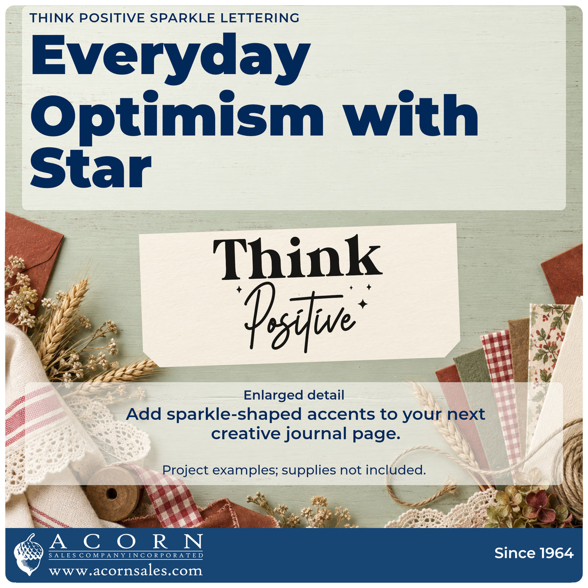 Enlarged detail of the Think Positive Sparkle Word Art Stamp – Self-Inking imprint. Think Positive combines large serif type and flowing script with tiny sparkles.