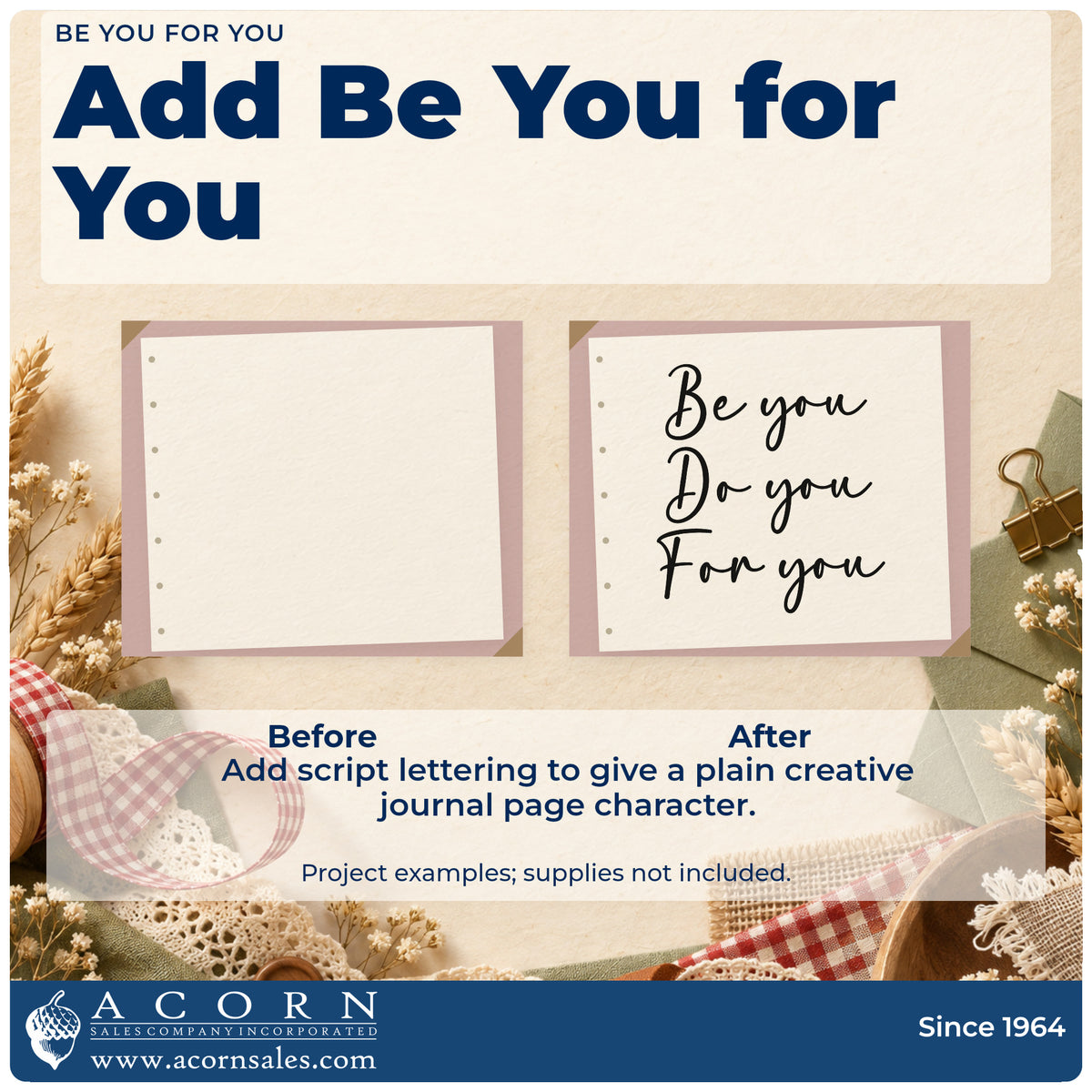 Before and after of a plain item finished with the Be You For You Script Lettering Stamp – Self-Inking, a quick upgrade for framed fitting mirror.