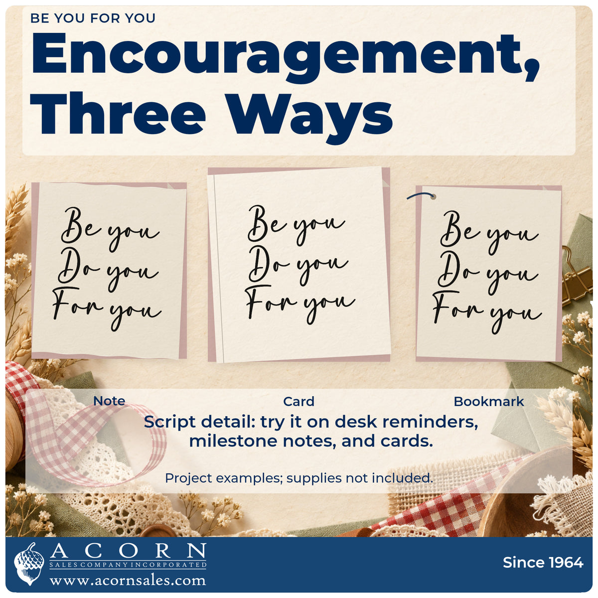 Three project examples made with the Be You For You Script Lettering Duo Hand Stamp, including session plan sheet.