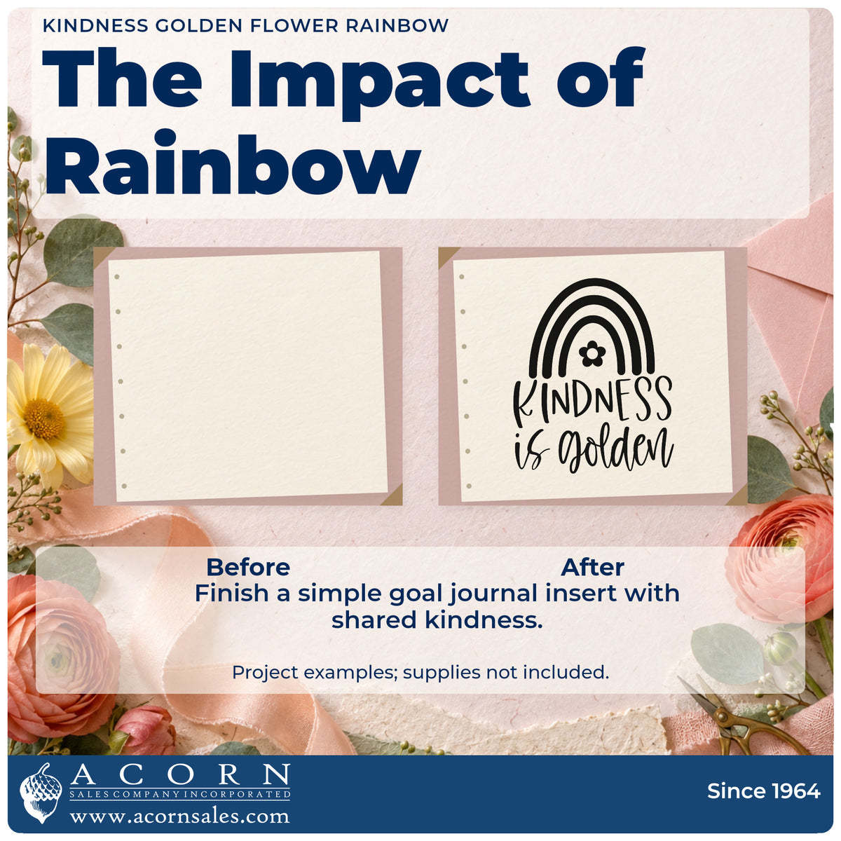 Before and after of a plain item finished with the Kindness Golden Flower Rainbow Self-Inking Stamp, a quick upgrade for framed playground fence.